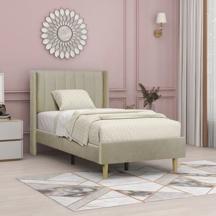 Beige Linen Twin Upholstered Platform Bed with Tufted Headboard