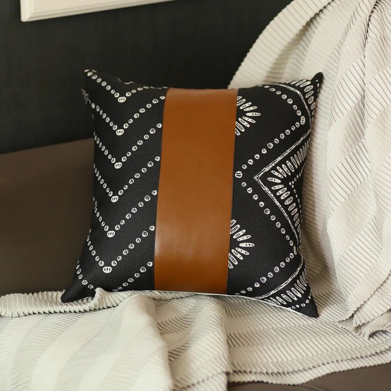 Boho Geometric Brown and Ivory Faux Leather 17" Throw Pillow Cover