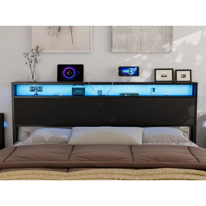 King Size Black Wood and Metal Storage Headboard with LED Lights and Charging Station