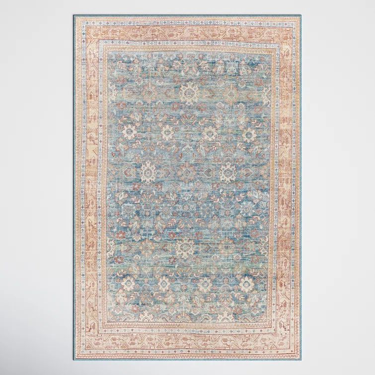 Easy Care Washable Blue Synthetic 5' x 7' Rectangular Rug