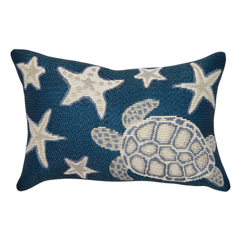 Navy and Ivory Coastal Turtle and Starfish Outdoor Pillow