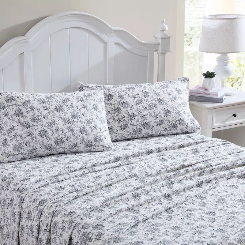 Queen Black Floral Cotton Flannel Sheet Set