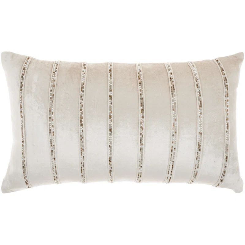 Beige Velvet Lumbar Pillow with Beaded Stripes 12" x 21"