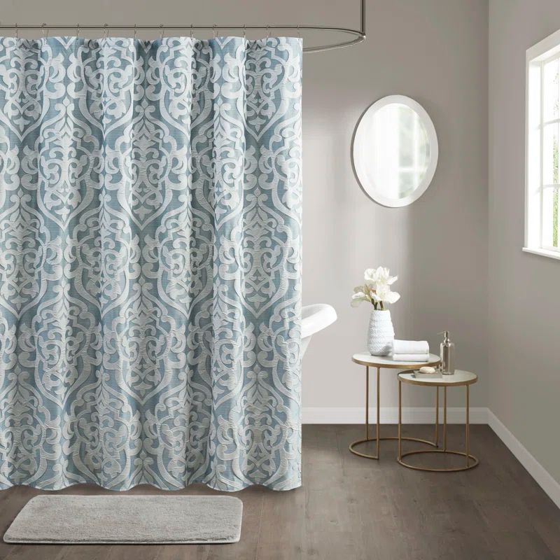 Aqua and Silver Damask Jacquard Fabric Shower Curtain