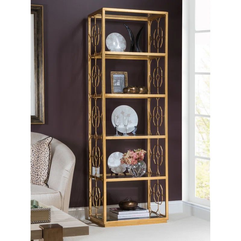 Gold Leaf Transitional Iron Etagere with Glass Shelves