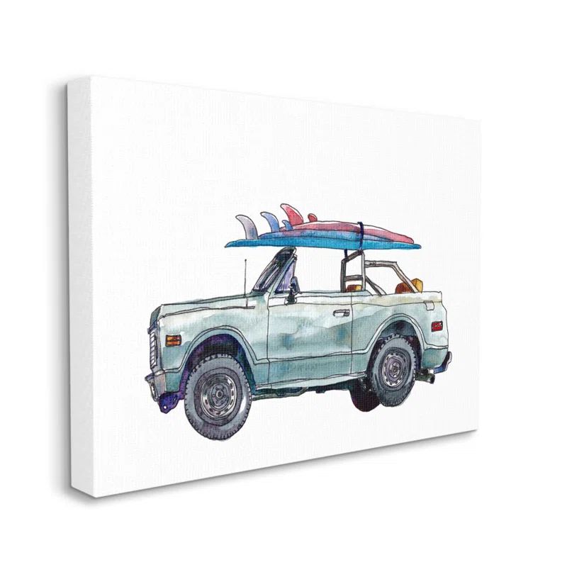 Retro Beach Cruiser with Surfboard Blue Canvas Wall Art for Kids Nursery