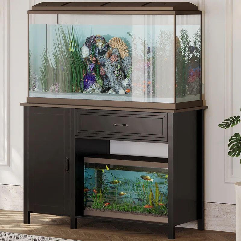 Black Metal Aquarium Stand with Storage Cabinet and LED Light