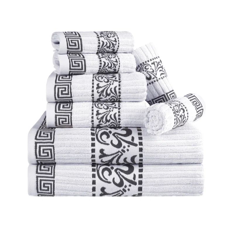 Athens White and Gray Cotton 8-Piece Towel Set with Greek Key Pattern
