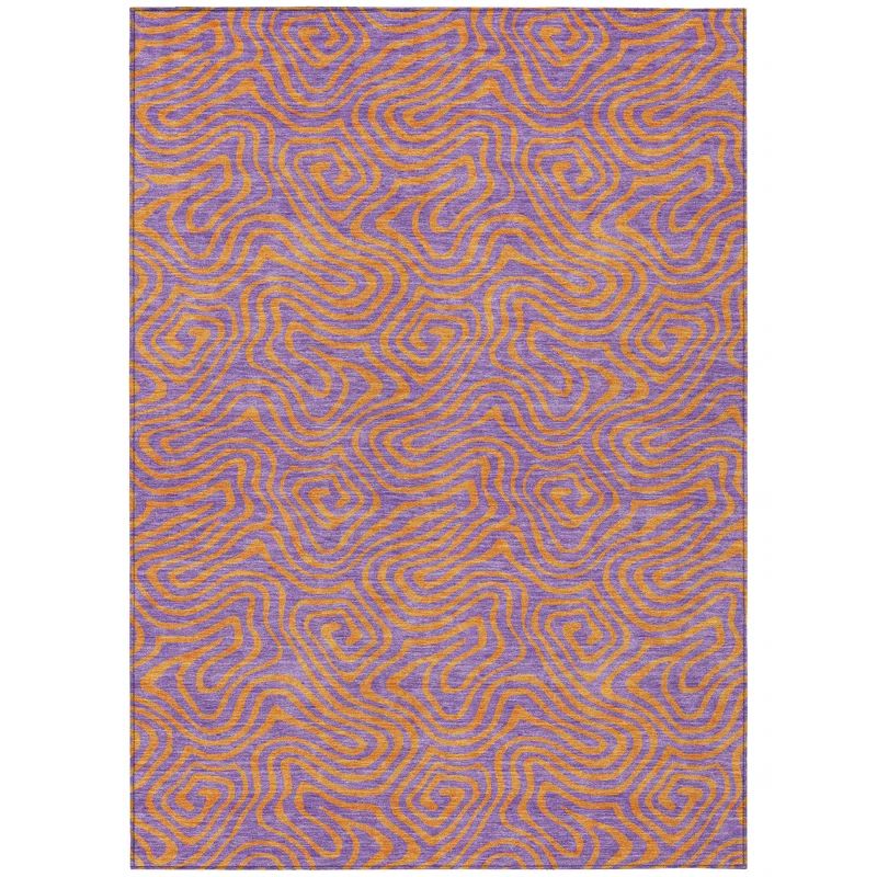 Purple and Orange Swirl Pattern Washable Synthetic Rug