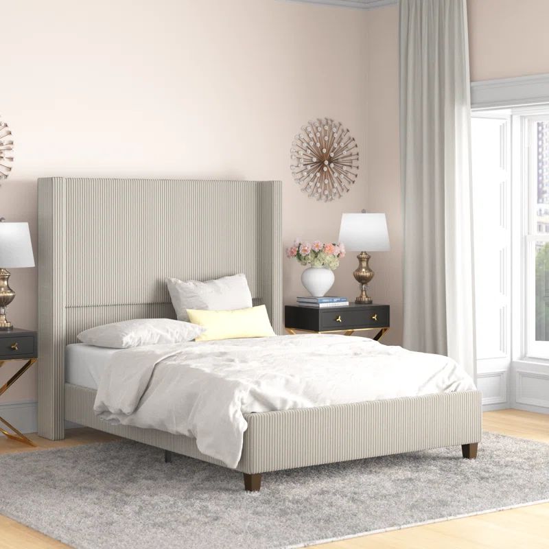 Cream Queen Corduroy Upholstered Bed with Wingback Headboard