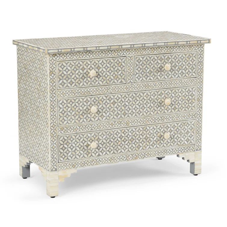 Gray and Beige Bone Inlay Coastal Accent Chest