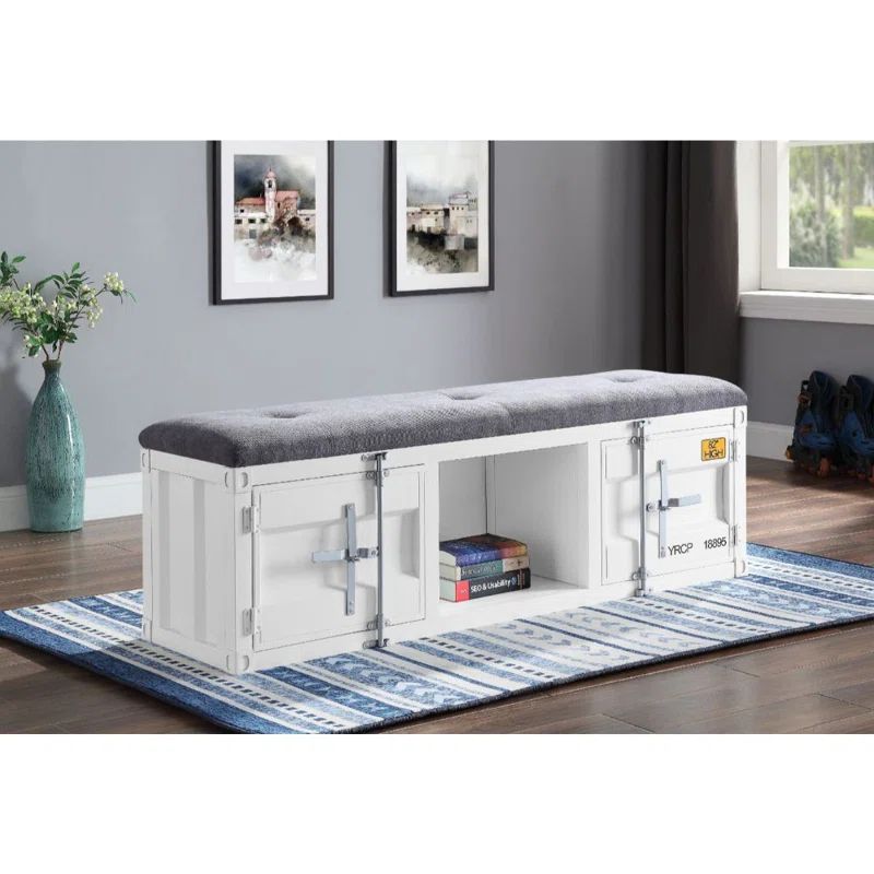 Modern Industrial Gray Fabric & White Metal Storage Bench
