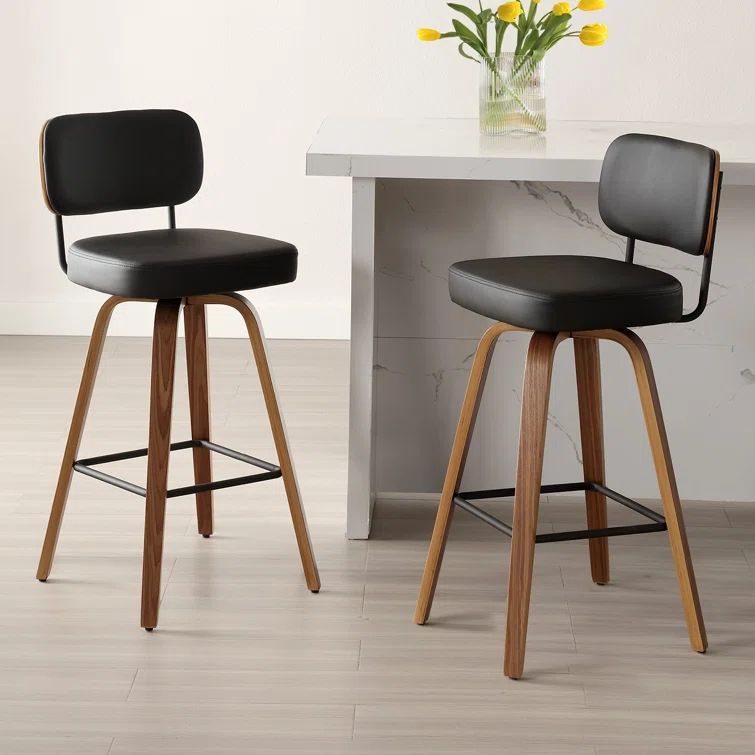 Black Faux Leather Swivel Bar Stools with Walnut Bentwood Legs, Set of 2