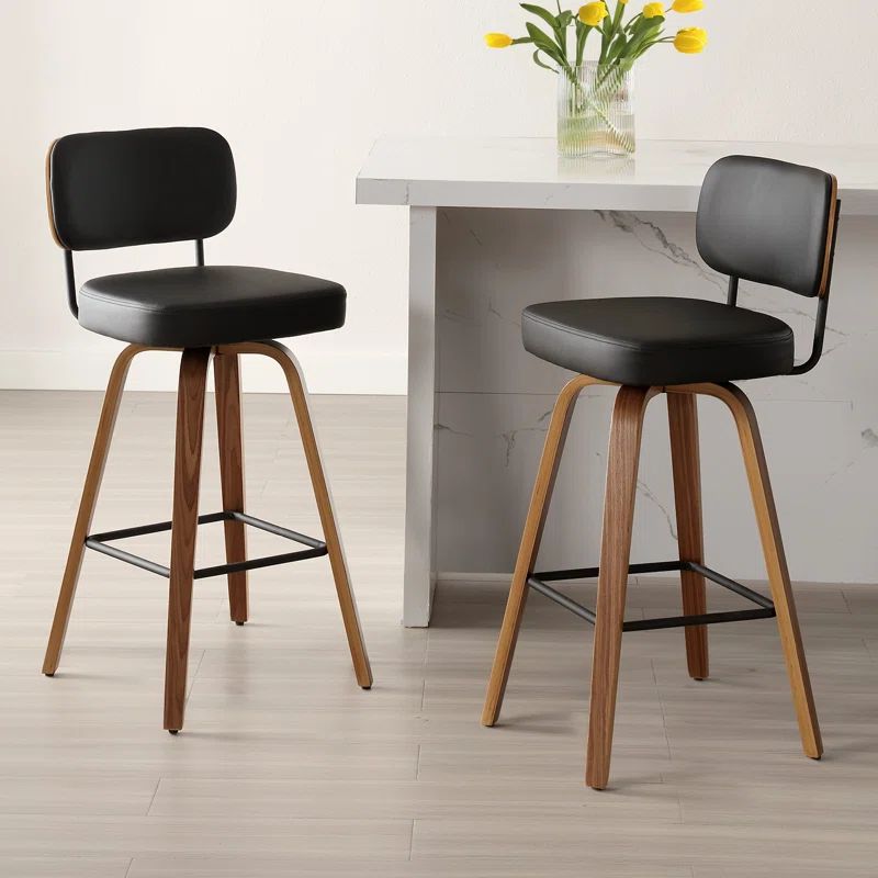 Black Faux Leather Swivel Bar Stools with Walnut Bentwood Legs, Set of 2