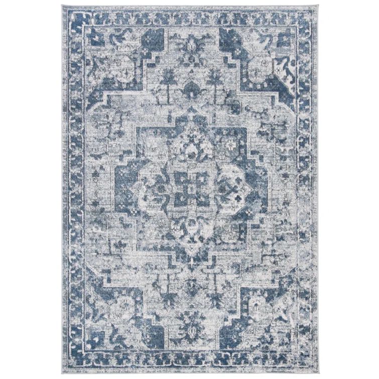 Ivory and Navy Hand-Knotted Rectangular Rug, 5' x 7'