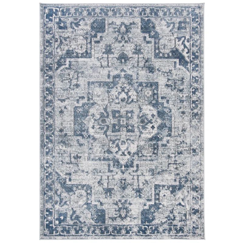 Ivory and Navy Hand-Knotted Rectangular Rug, 5' x 7'