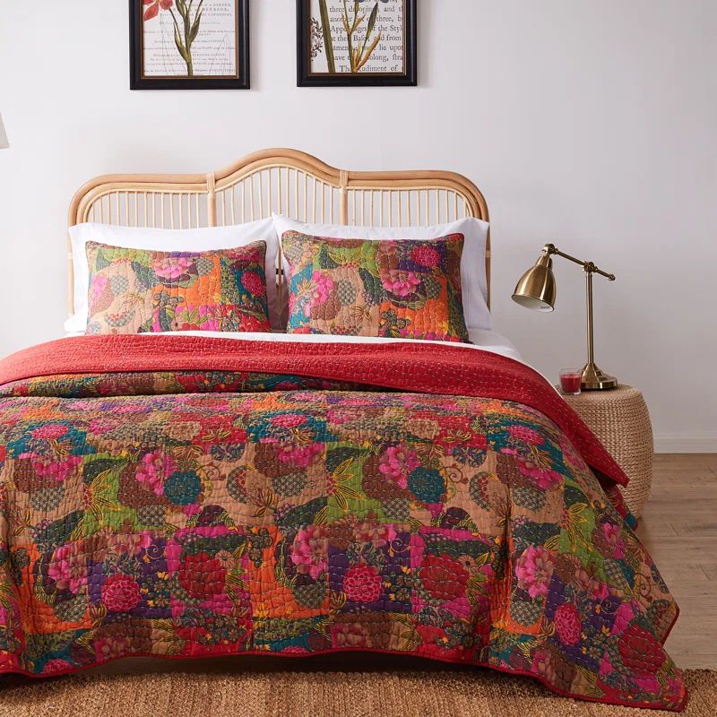 Jewel-Toned Floral Kantha Quilted Twin-XL Bedding Set