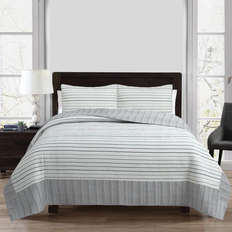 Twin Blue and Gray Reversible Microfiber Quilt Set