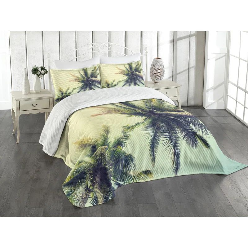 King Size White Quilted Bedspread Set with Palm Tree Design