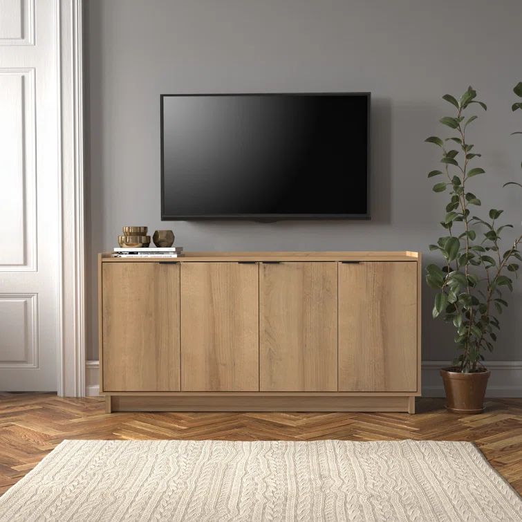 Oak 4-Door Light Wood Accent Cabinet with Adjustable Shelves