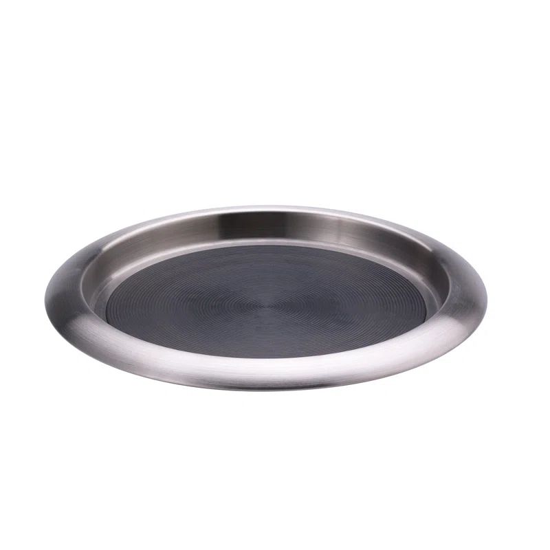 Silver Stainless Steel Round Serving Tray with Non-Slip Rubber Inserts