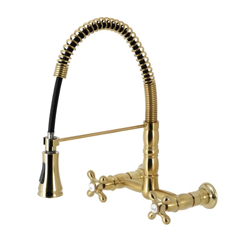 Brushed Brass Double-Handle Wall-Mount Pull-Down Sprayer Kitchen Faucet