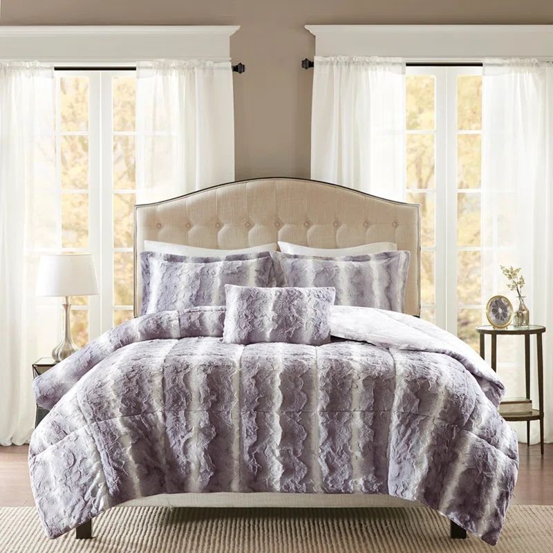Gray Full Faux Fur Down Alternative Reversible Comforter Set