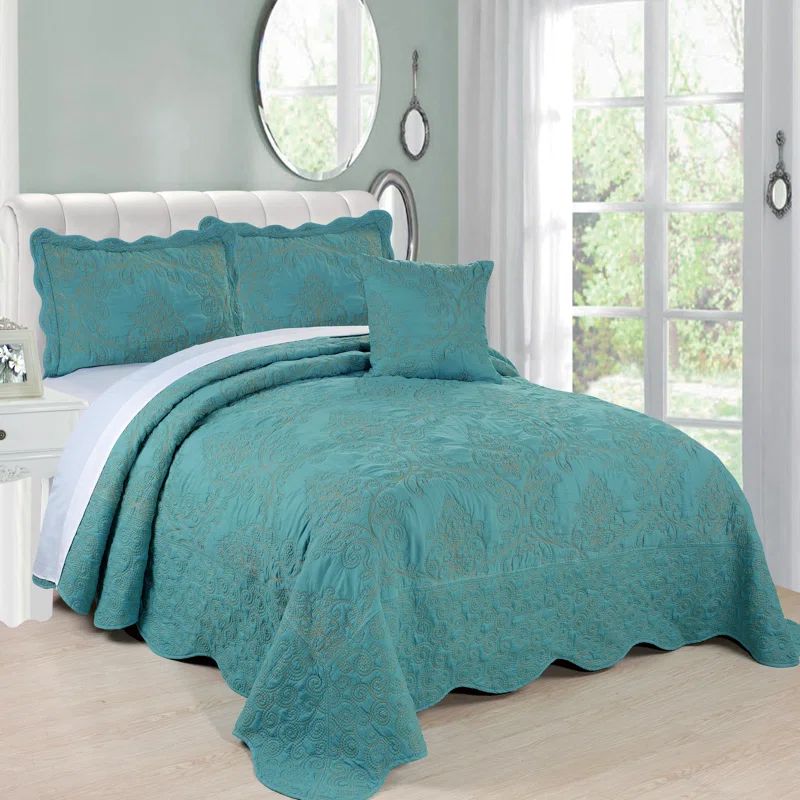 Teal King Microfiber Reversible Damask Embroidered Bedspread Set