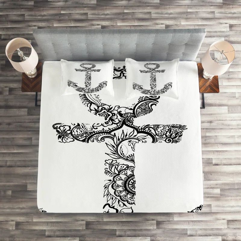 White Quilted Queen Bedspread Set with Anchor Design