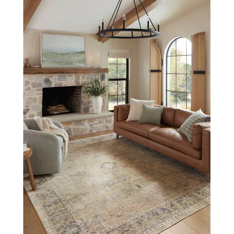 Gold and Charcoal Floral Synthetic Rectangular Area Rug 3'6" x 5'6"