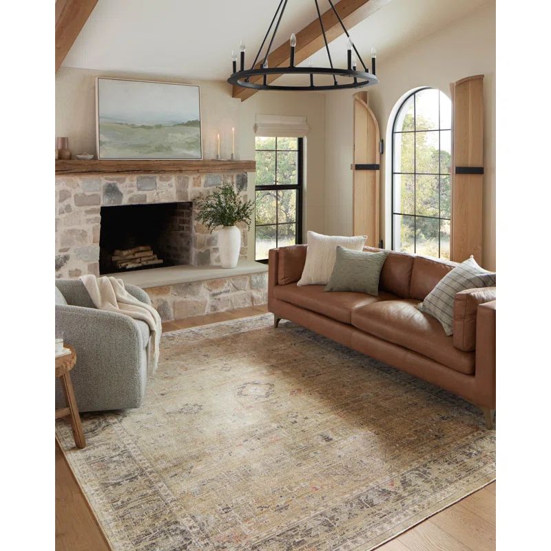 Millie Round Gold Charcoal Floral Synthetic Area Rug