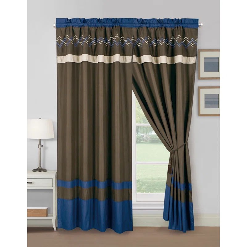 Modern Coffee and Navy Embroidered Polyester Curtain Panel Set