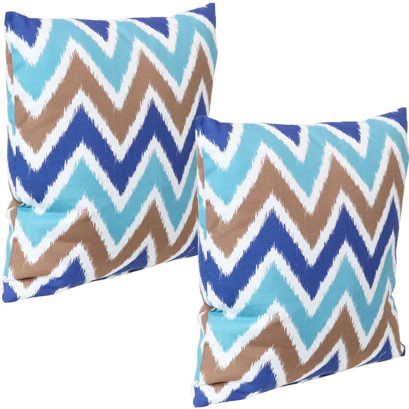 Chevron Bliss Blue and Brown Polyester Outdoor Pillow Covers, 17" x 17", Set of 2