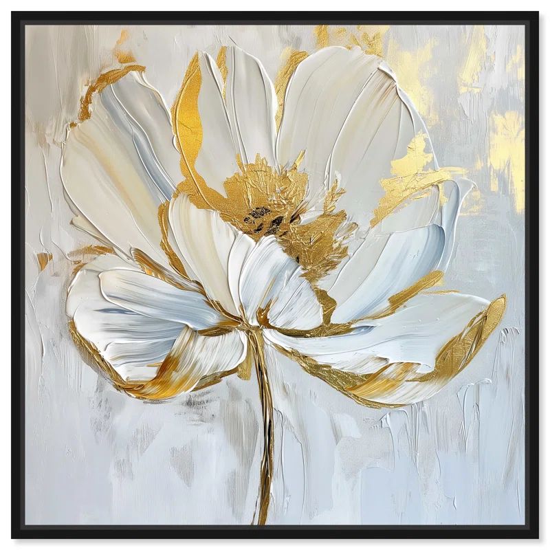 Gold and White Magnolia Floral Canvas Wall Art in Black Frame, 41" x 41"