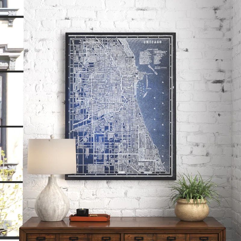 Chicago Sketch Map Blue Framed Canvas Wall Art