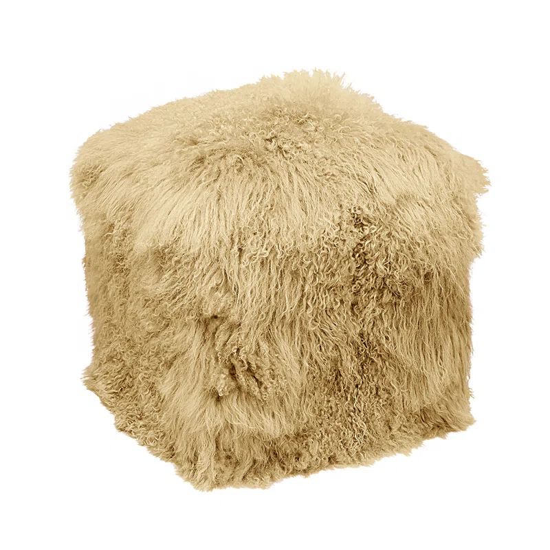 Champagne Genuine Leather Tibetan Lamb Pouf