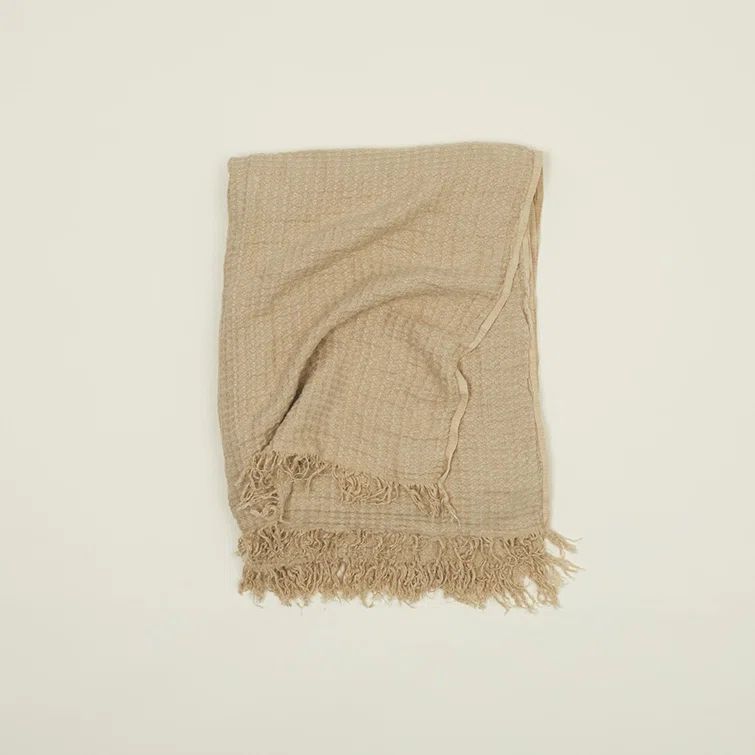 Flax Beige Linen Knitted Throw Blanket with Twisted Fringe