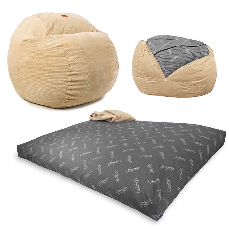Khaki Corduroy Convertible Queen Bean Bag Chair with Removable Cover