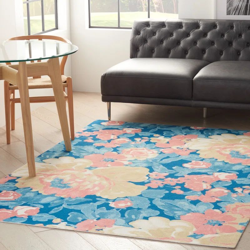 Blue Floral Rectangular Synthetic Indoor/Outdoor Rug
