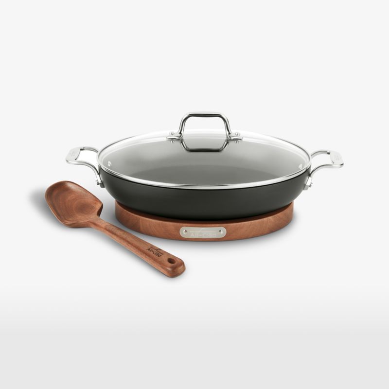 Black Hard Anodized Nonstick Pan with Acacia Spoon and Trivet