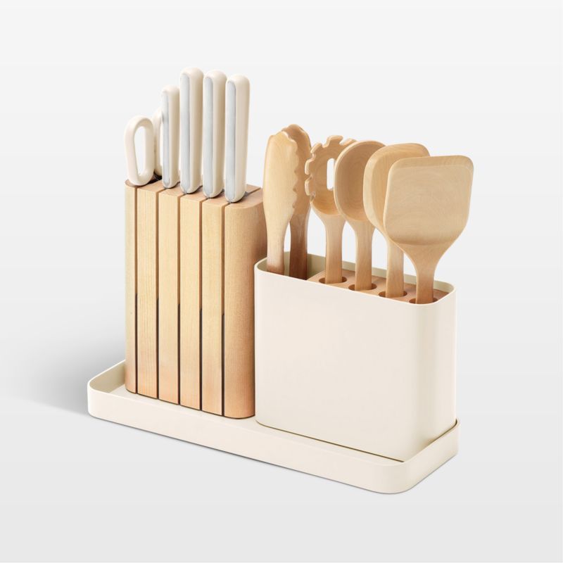 Cream 14-Piece German Steel Knife and Birch Utensil Set