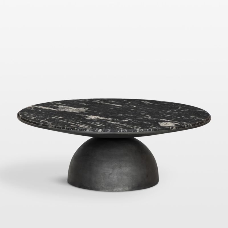 Polished Black Marble and Grey Metal Round Coffee Table with Storage