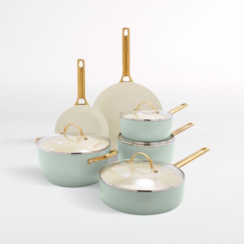Mint Green Aluminum Nonstick 10-Piece Cookware Set with Gold Handles