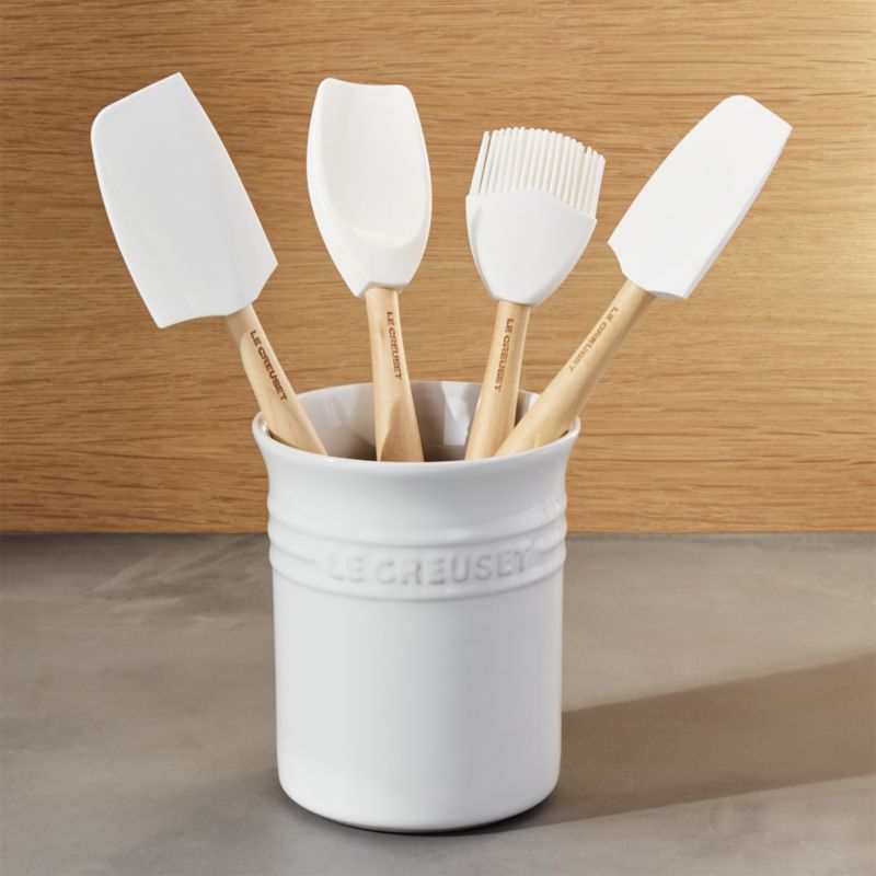 White Silicone 5-Piece Utensil Set with Stoneware Crock