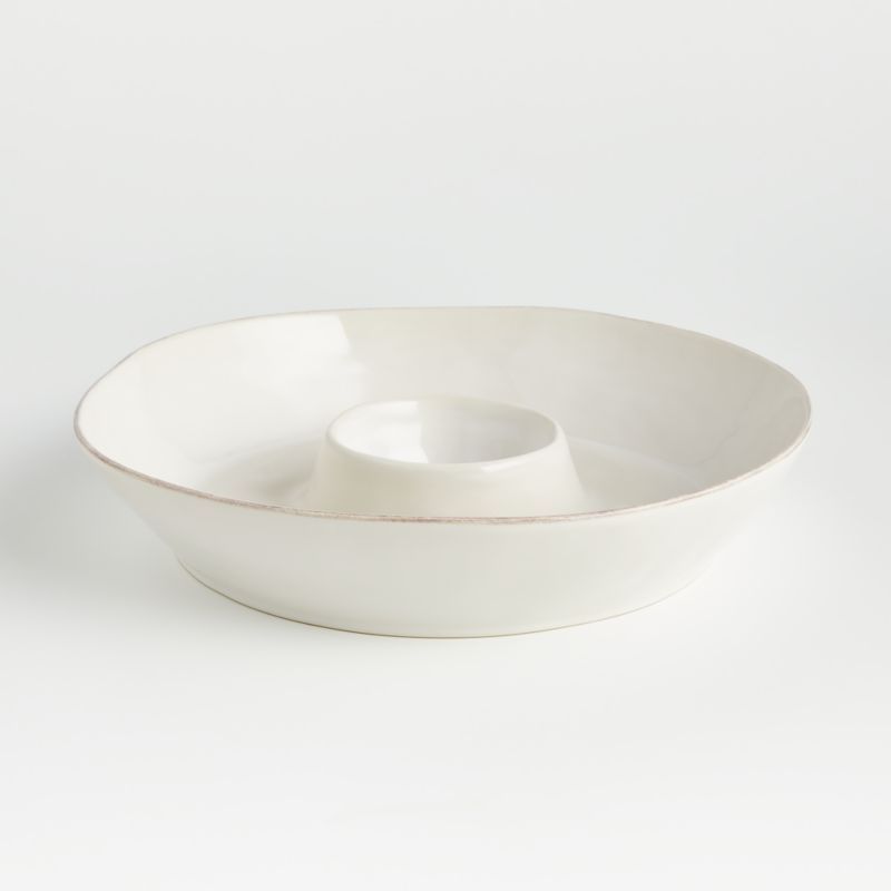 White Ceramic Chip and Dip Server with Antiqued Rims