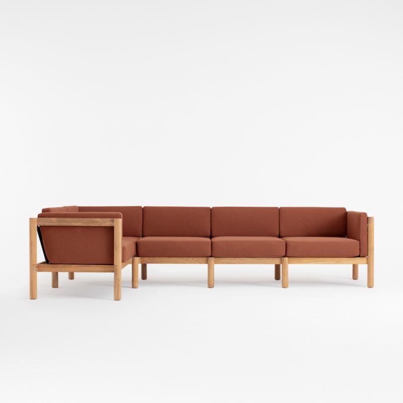 Five Piece Teak Outdoor Sectional with Rust Sunbrella Cushions