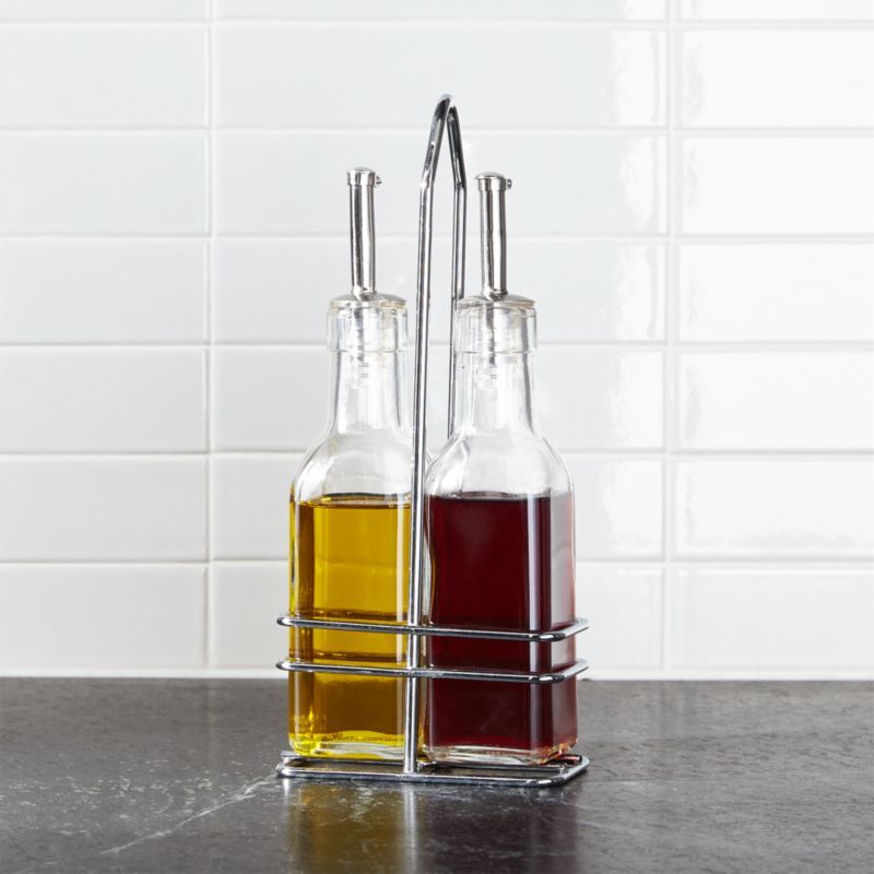 Chrome and Glass Oil & Vinegar Cruet Set with Stainless Pourers