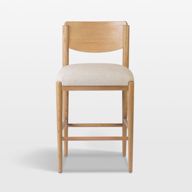 Natural Wood Counter Stool with Linen Upholstery