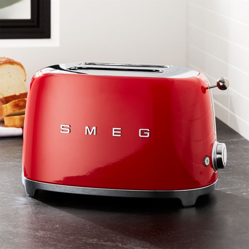 Retro Red Stainless Steel 2-Slice Toaster with Wide Slot and Crumb Tray