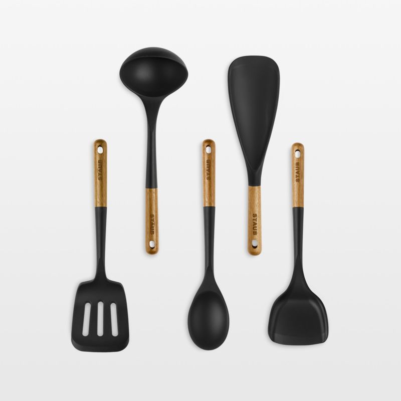 Staub 5-Piece Black Silicone and Wood Cooking Utensil Set